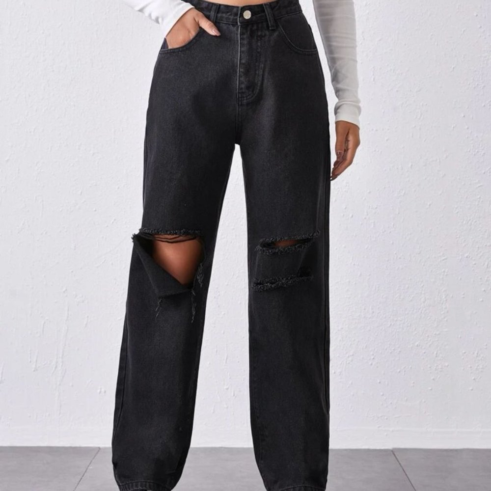 Large Black High-Waisted Ripped Baggy Wide Leg Jeans